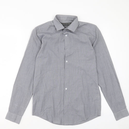 Primark Mens Grey Plaid Cotton Button-Up Size 14.5 Collared Button