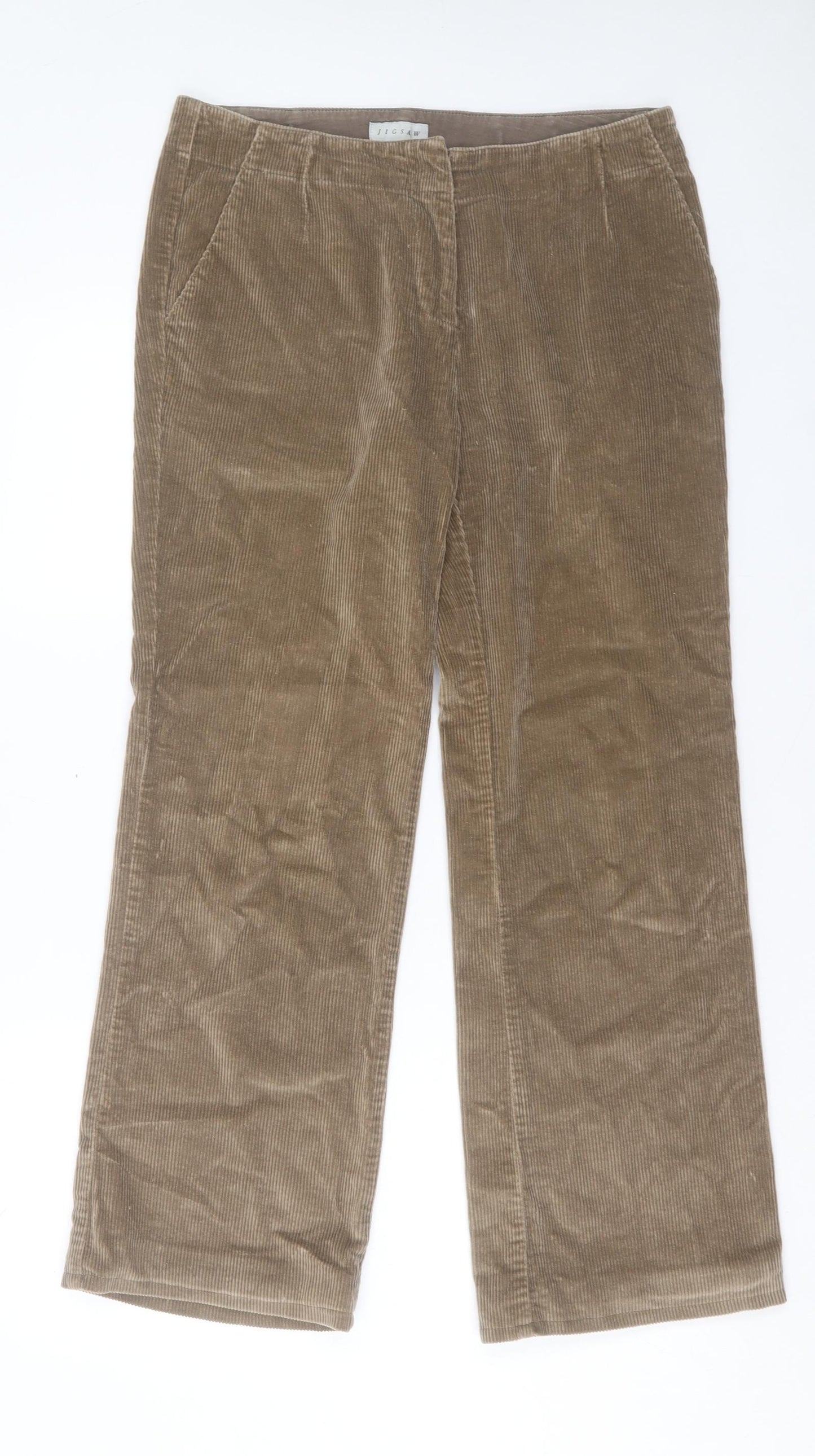 Jigsaw Womens Brown Cotton Trousers Size 14 L29 in Regular Hook & Eye