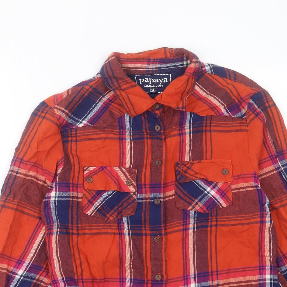 Papaya Womens Orange Plaid Cotton Basic Button-Up Size 12 Collared