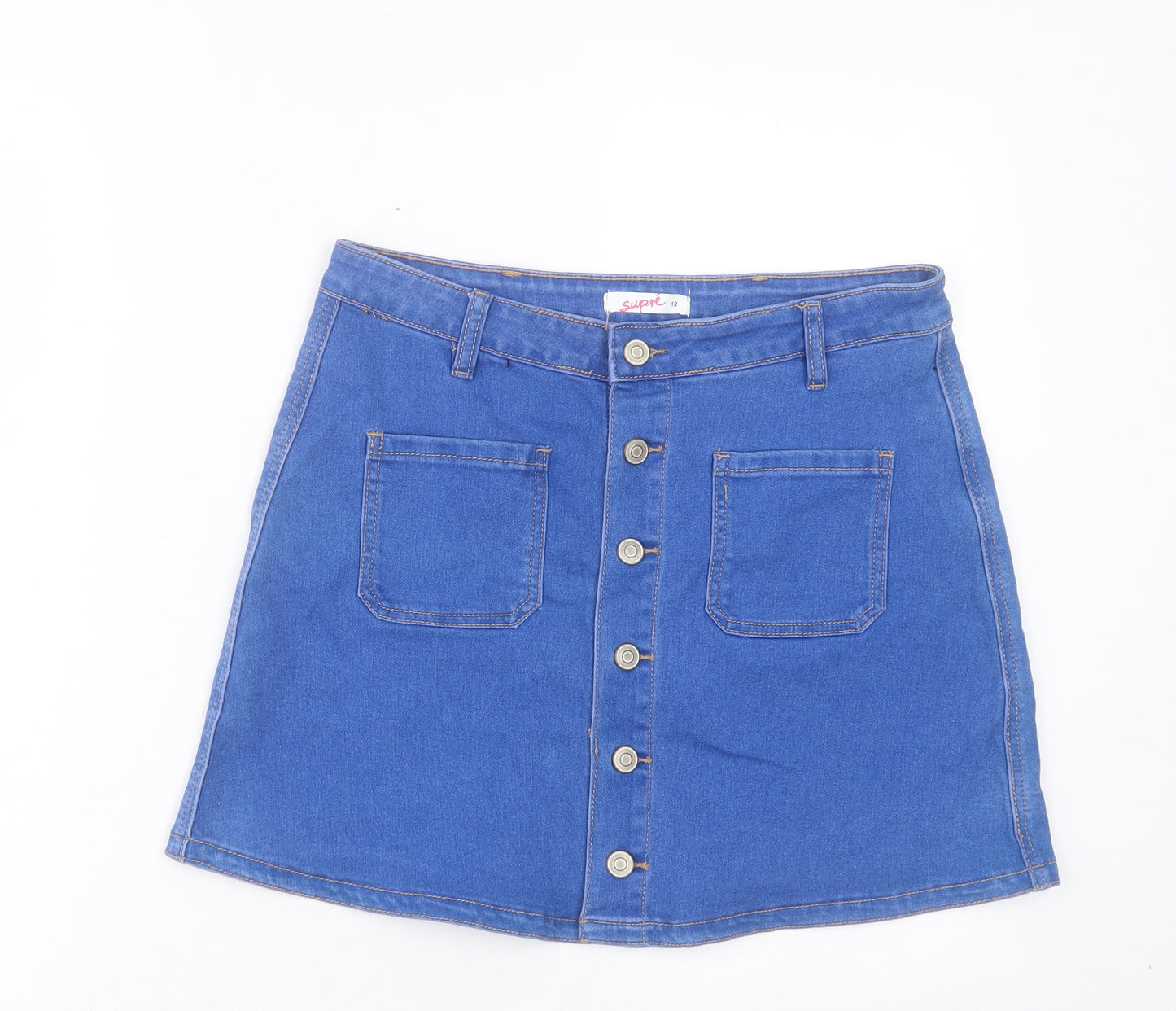 Supre Womens Blue Cotton A-Line Skirt Size 12 Button