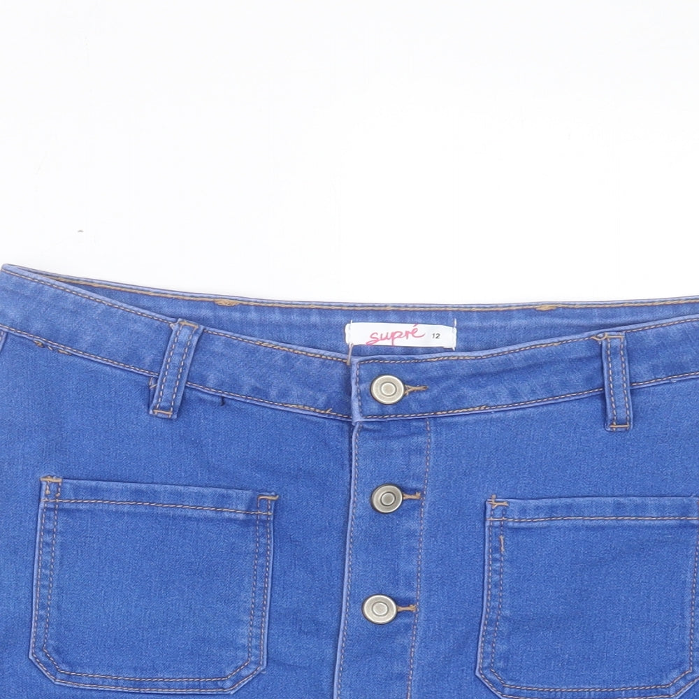 Supre Womens Blue Cotton A-Line Skirt Size 12 Button