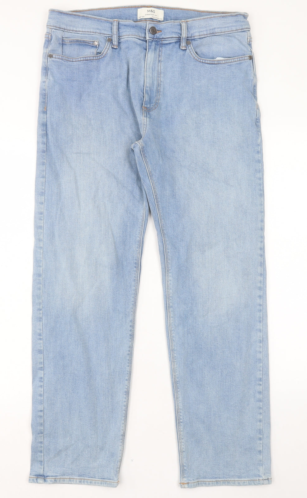 Marks and Spencer Mens Blue Cotton Straight Jeans Size 34 in L31 in Regular Button