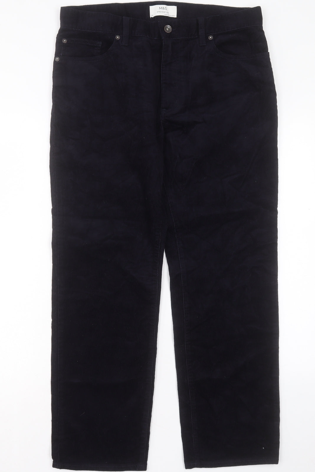 Marks and Spencer Mens Blue Cotton Trousers Size 34 in L29 in Regular Button - Short Leg