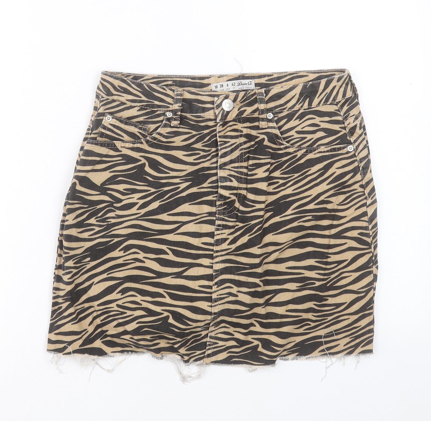 Denim & Co. Womens Brown Animal Print Cotton A-Line Skirt Size 10 Button
