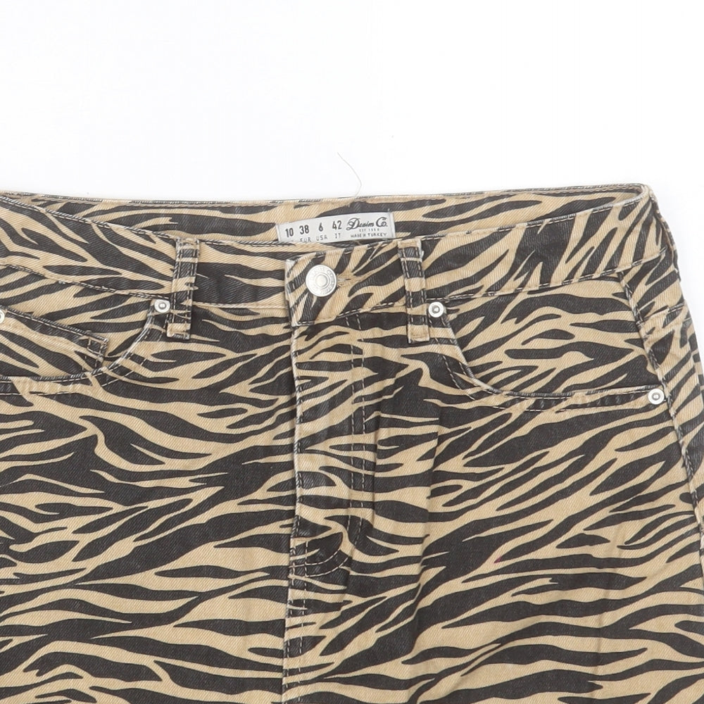 Denim & Co. Womens Brown Animal Print Cotton A-Line Skirt Size 10 Button