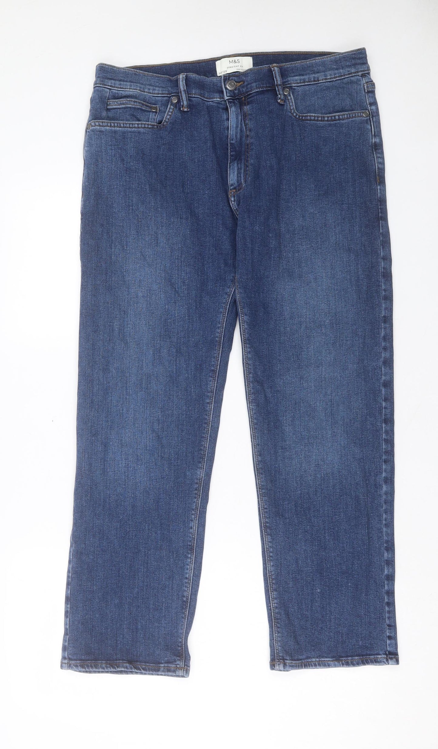 Marks and Spencer Mens Blue Cotton Straight Jeans Size 34 in L29 in Regular Button