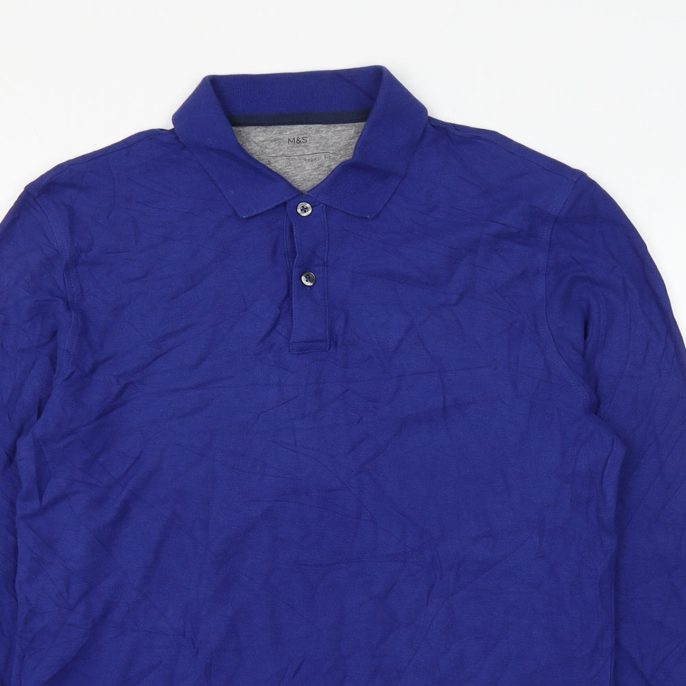 Marks and Spencer Mens Blue Cotton Polo Size S Collared Button