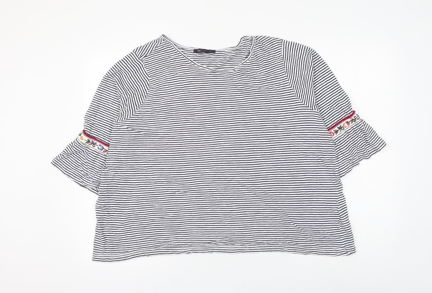 Marks and Spencer Womens White Striped Cotton Basic Blouse Size 22 Round Neck