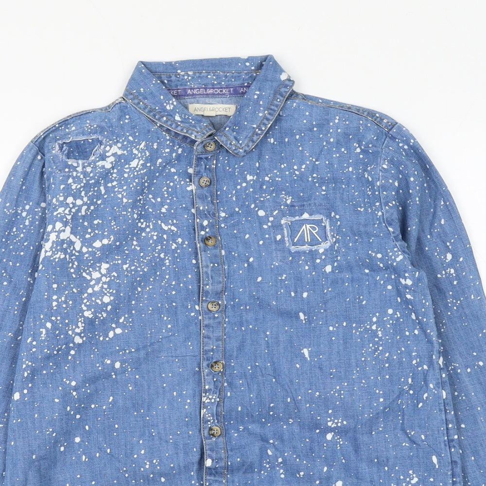 Angel & Rocket Girls Blue Geometric Cotton Basic Button-Up Size 11 Years Collared Button - Splatter