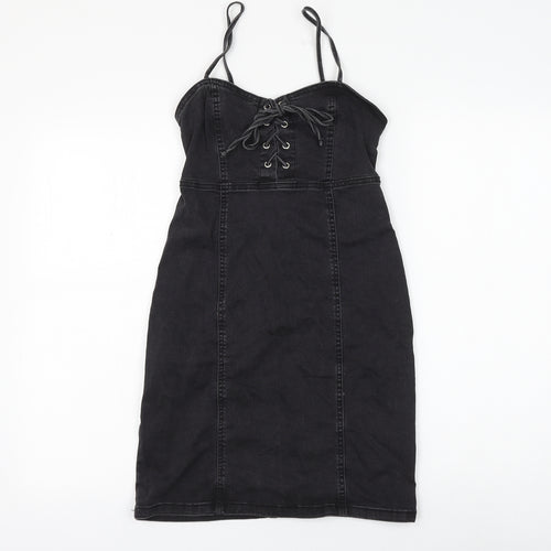 Primark Womens Black Cotton Pencil Dress Size 6 Sweetheart Lace Up