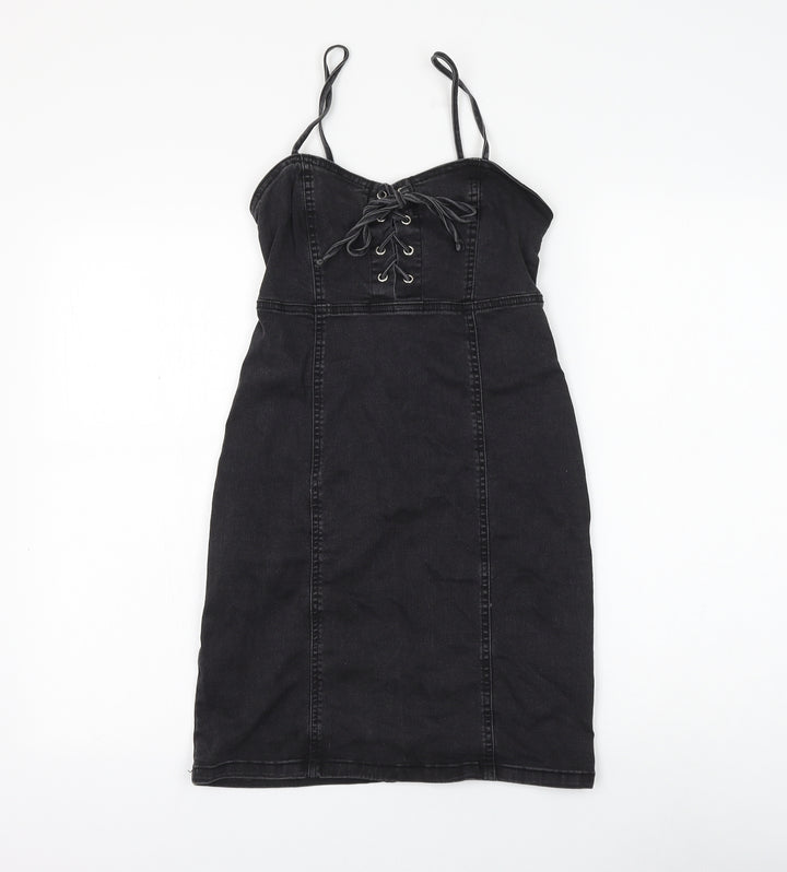 Primark Womens Black Cotton Pencil Dress Size 6 Sweetheart Lace Up