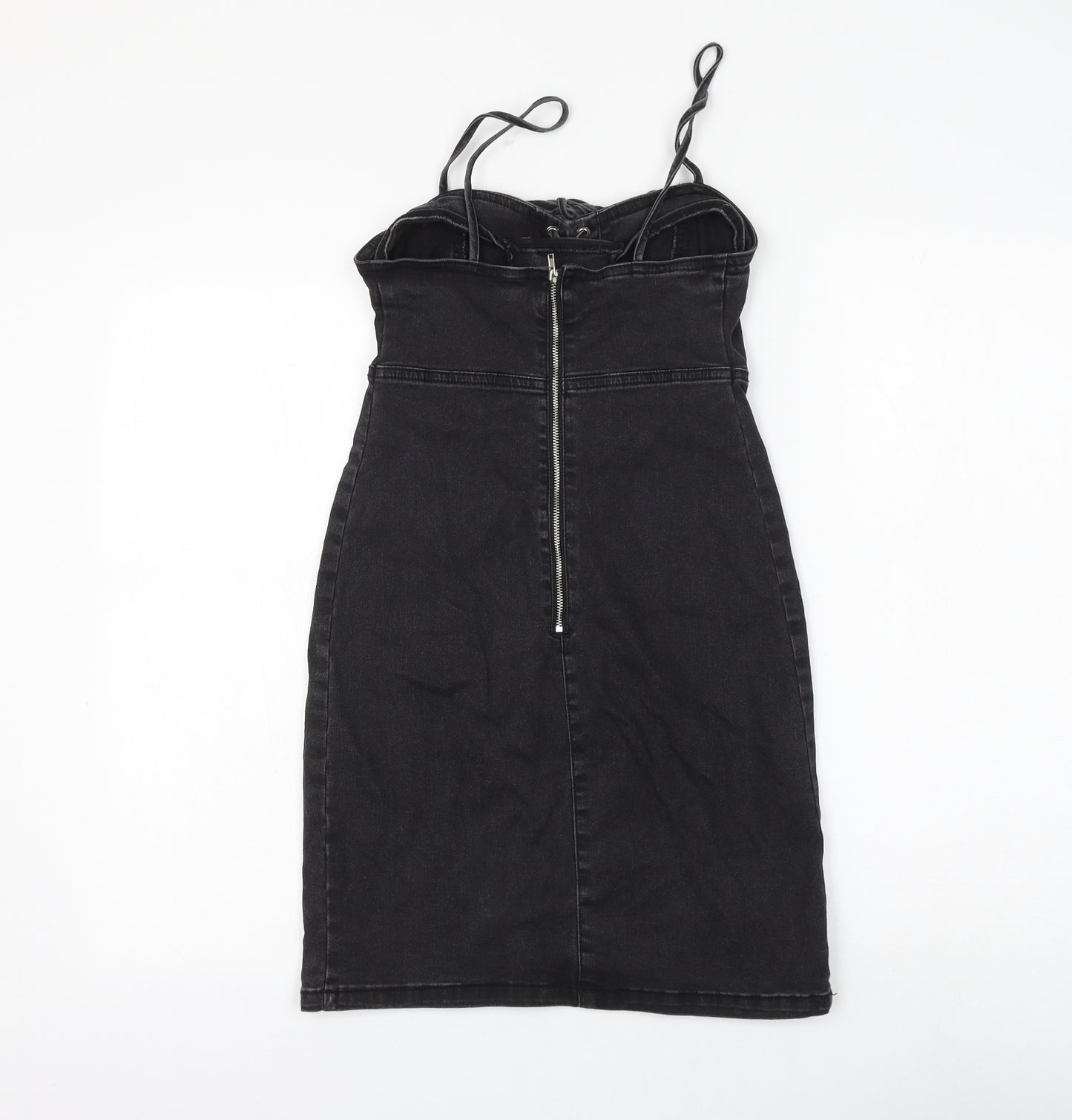 Primark Womens Black Cotton Pencil Dress Size 6 Sweetheart Lace Up