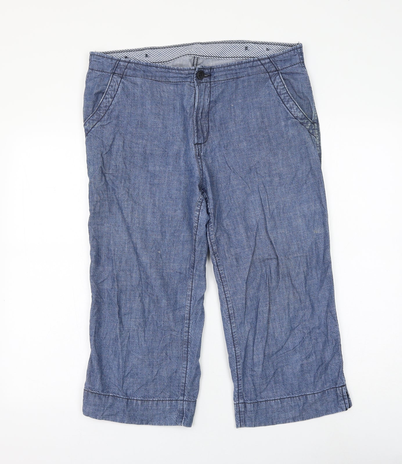 Marks and Spencer Womens Blue Cotton Cropped Trousers Size 16 L20 in Regular Zip
