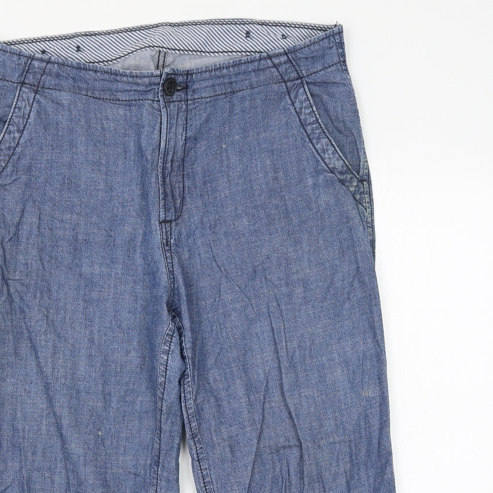 Marks and Spencer Womens Blue Cotton Cropped Trousers Size 16 L20 in Regular Zip