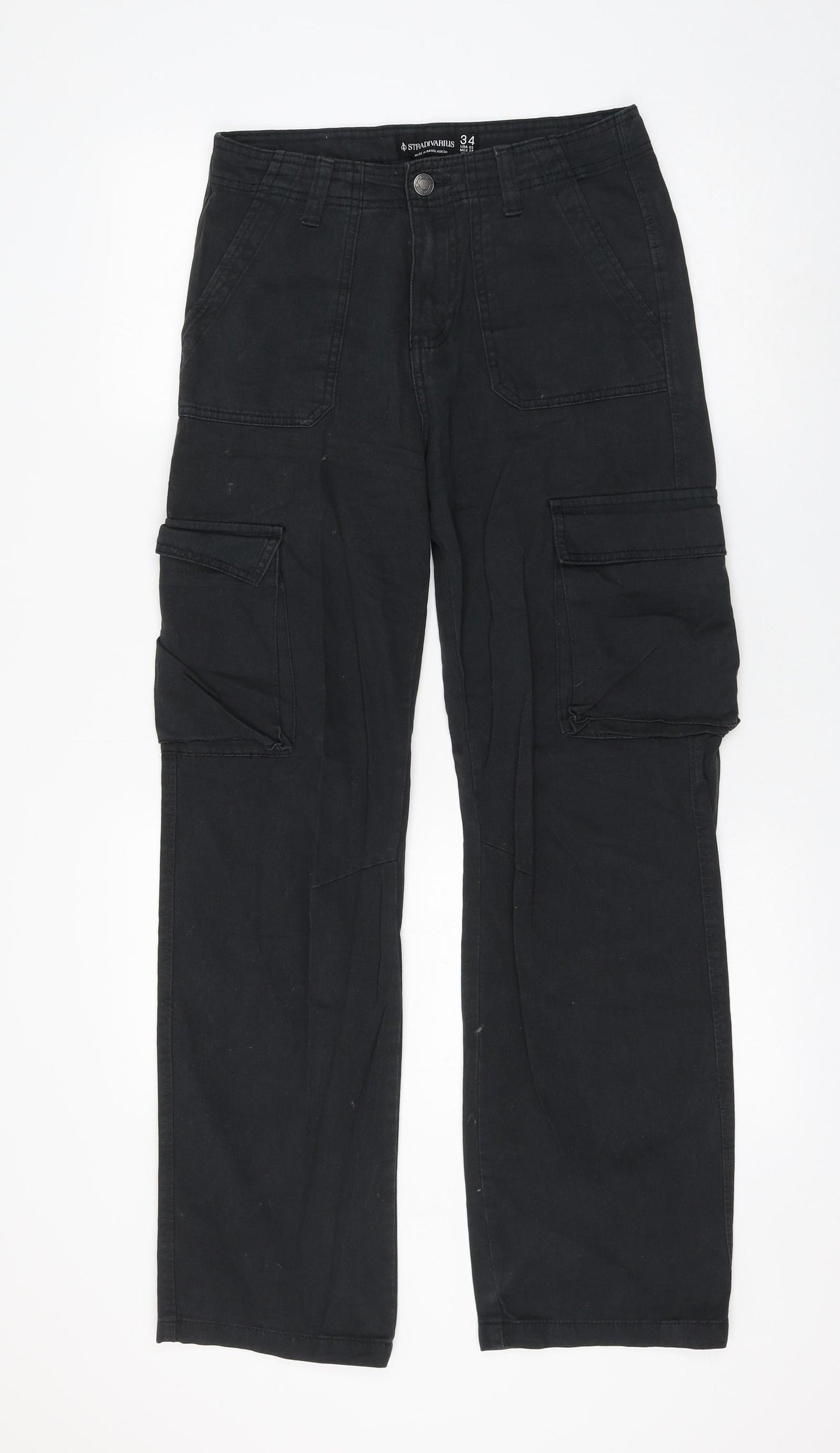 Stradivarius Womens Black Cotton Cargo Trousers Size 34 L30 in Regular Zip