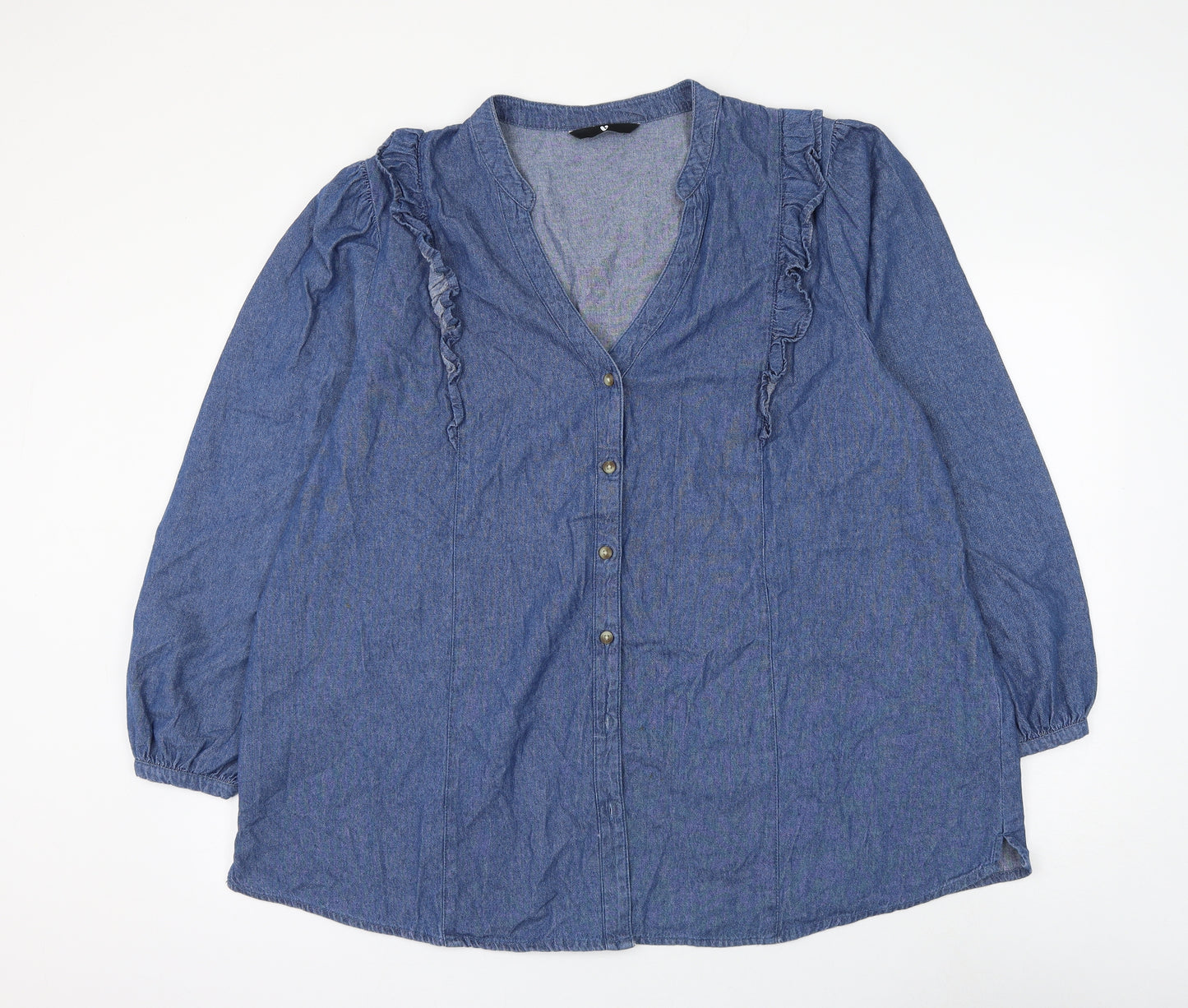 Very Womens Blue Cotton Basic Button-Up Size 20 V-Neck