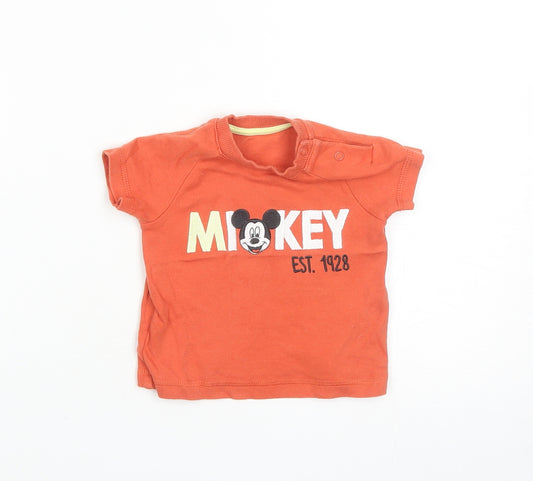 Front view of Nutmeg Baby Orange Cotton Basic T-Shirt, size 0-3, Months Round Neck Snap - Mickey Mouse