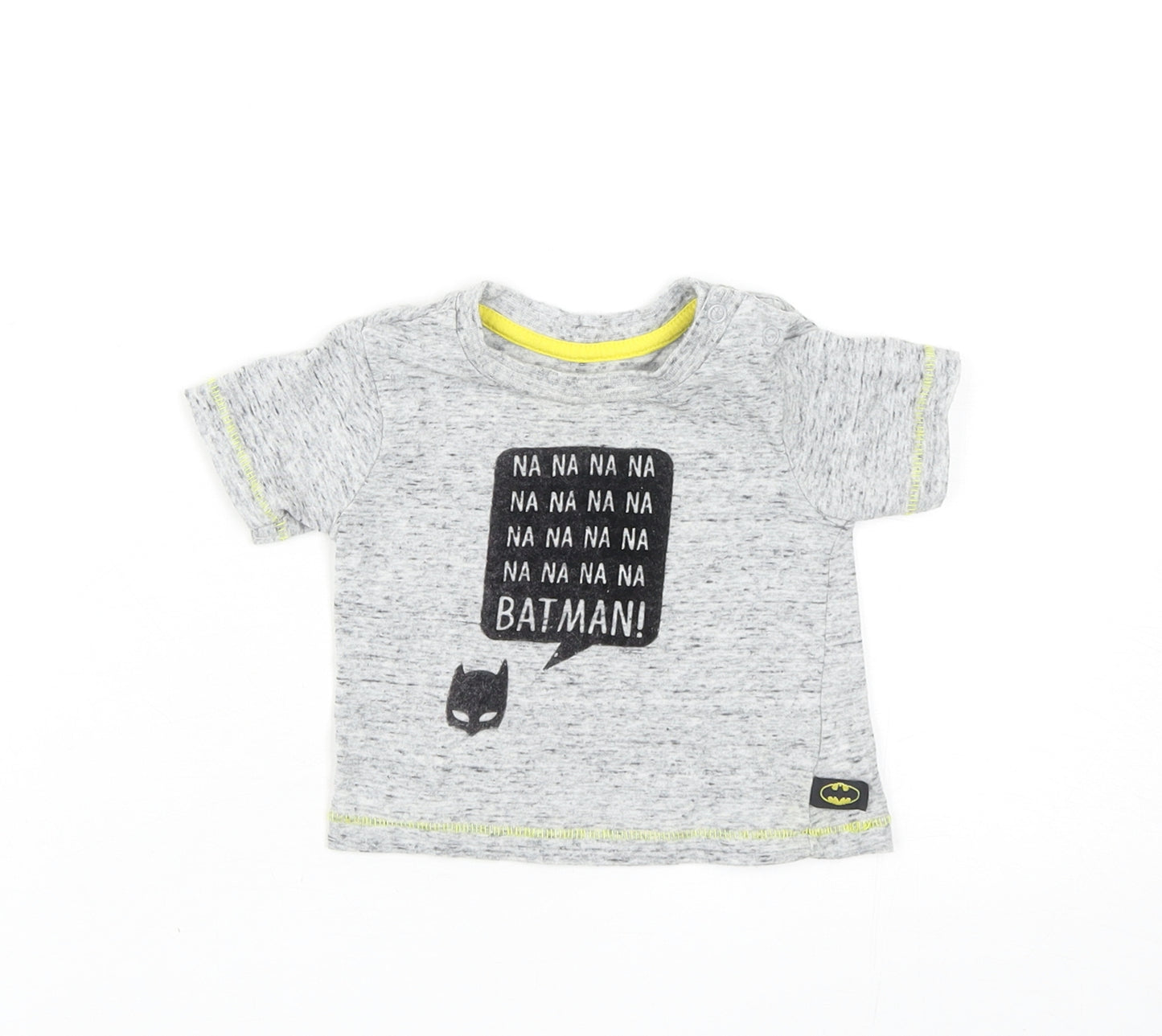 Primark Baby Grey Cotton Basic T-Shirt Size 0-3 Months Round Neck Snap - Batman