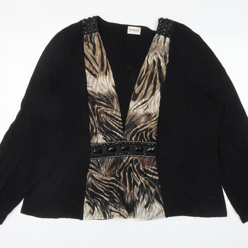 Roman Womens Black Viscose Basic Blouse Size 2XL Scoop Neck - Tiger Print, Jewelled Waist
