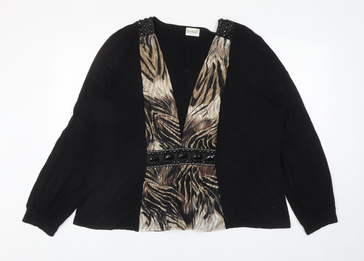 Roman Womens Black Viscose Basic Blouse Size 2XL Scoop Neck - Tiger Print, Jewelled Waist