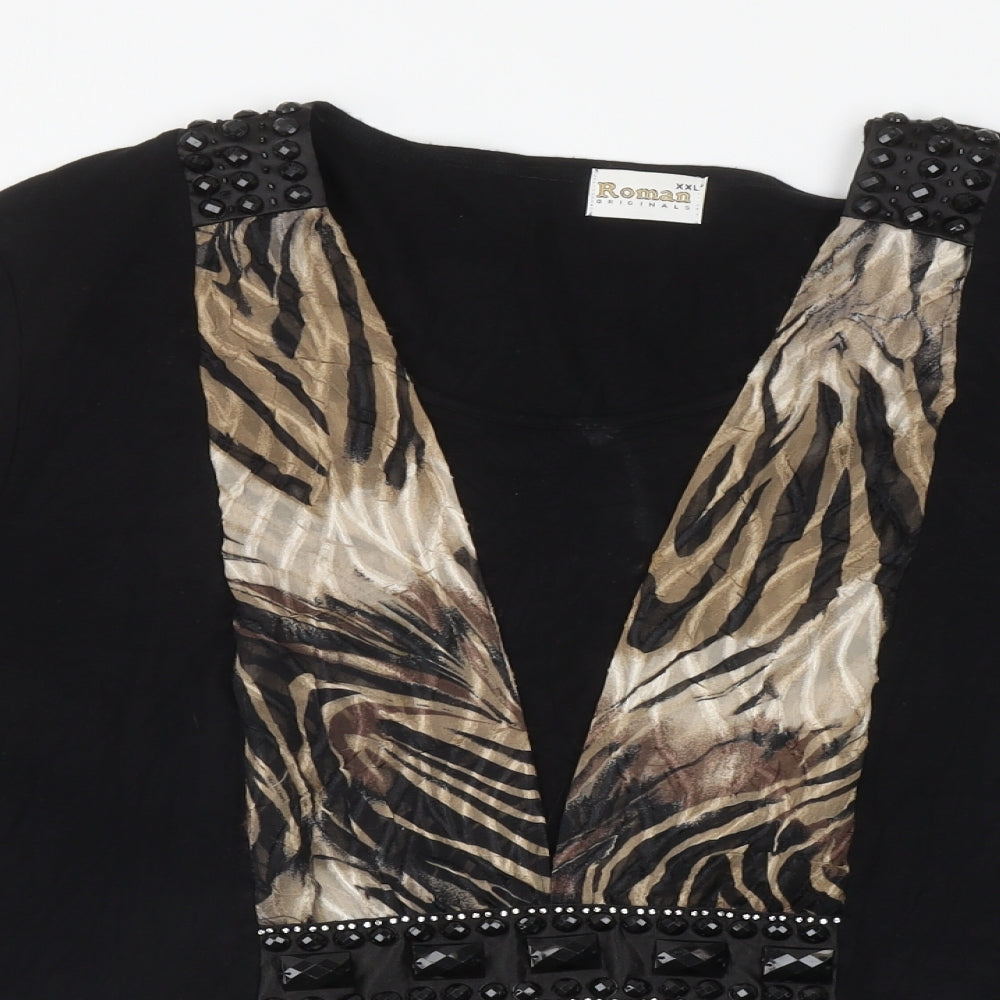 Roman Womens Black Viscose Basic Blouse Size 2XL Scoop Neck - Tiger Print, Jewelled Waist