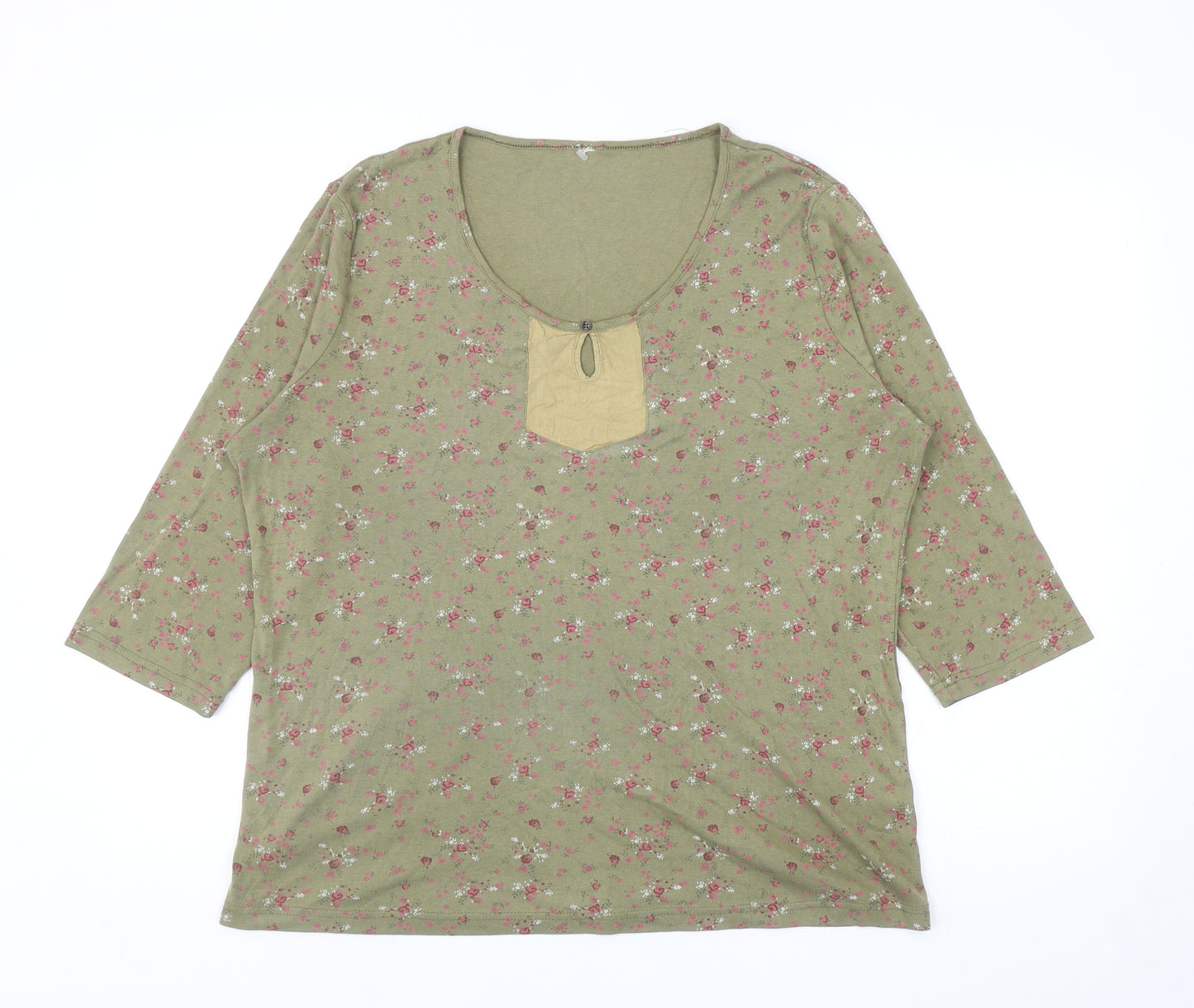 Bonmarché Womens Green Floral Cotton Basic T-Shirt Size L Scoop Neck