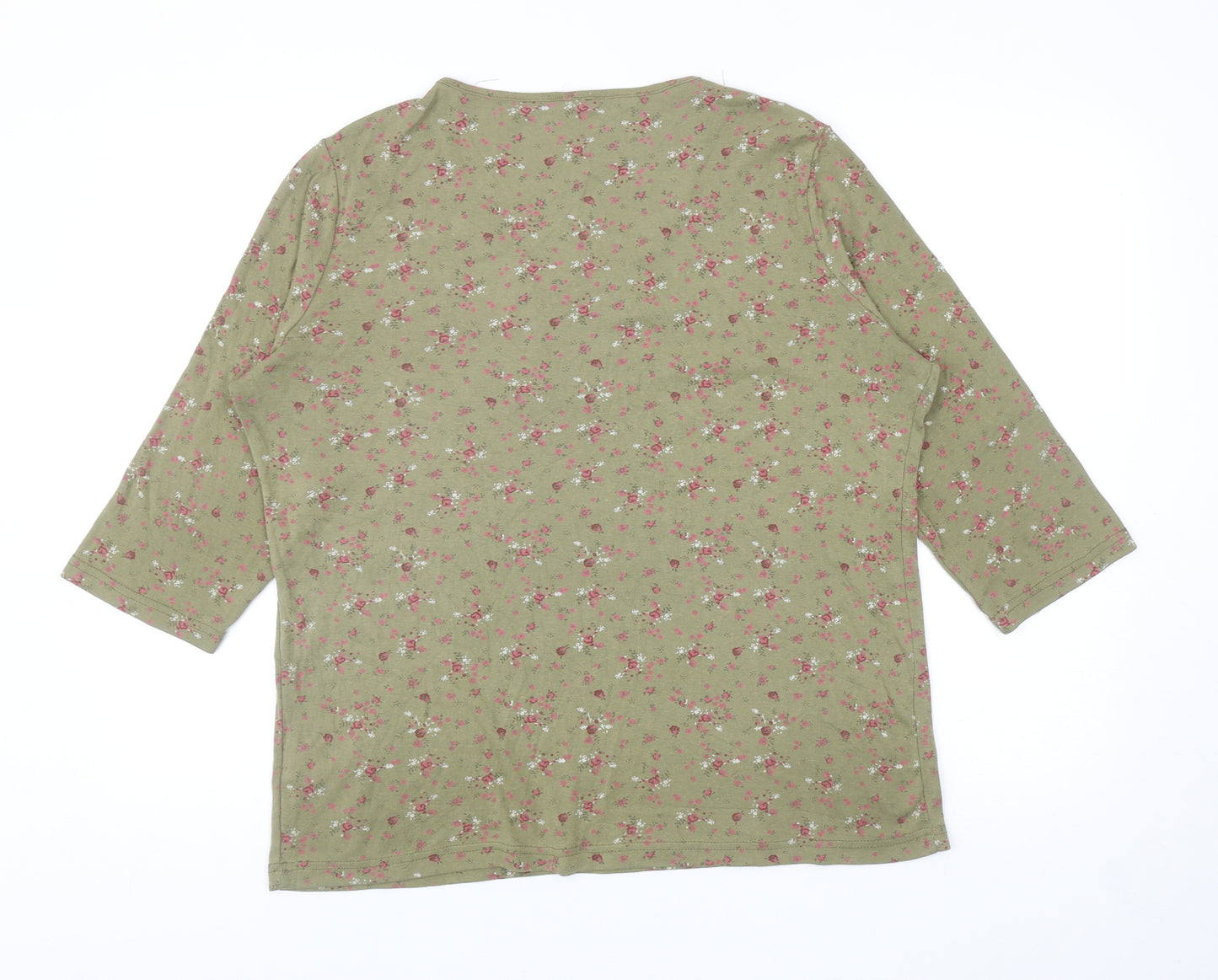 Bonmarché Womens Green Floral Cotton Basic T-Shirt Size L Scoop Neck