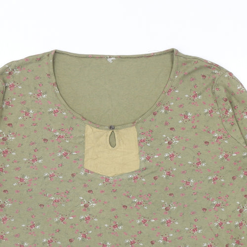 Bonmarché Womens Green Floral Cotton Basic T-Shirt Size L Scoop Neck
