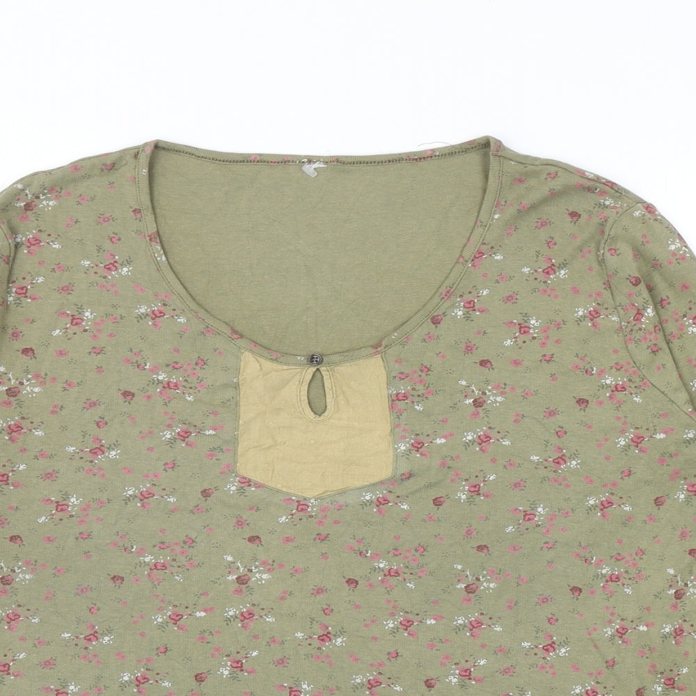 Bonmarché Womens Green Floral Cotton Basic T-Shirt Size L Scoop Neck