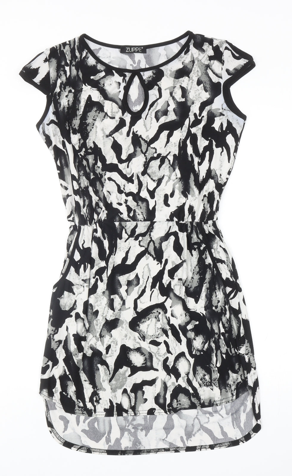 Zuppe Womens Black Geometric Polyester Tunic T-Shirt Size S Boat Neck