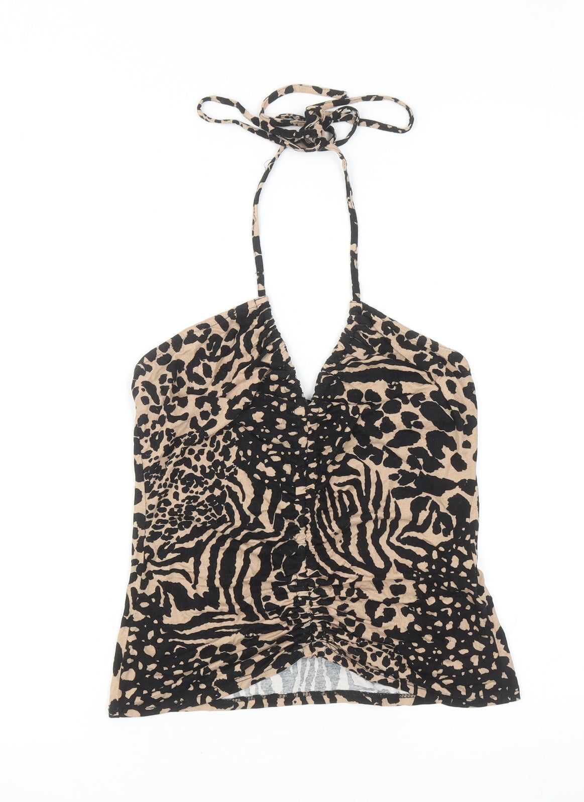 New Look Womens Brown Animal Print Viscose Camisole T-Shirt Size 10 Halter - Cropped, Leopard Print, Ruched