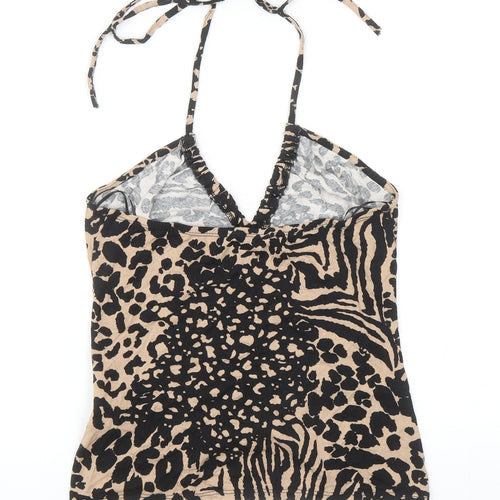 New Look Womens Brown Animal Print Viscose Camisole T-Shirt Size 10 Halter - Cropped, Leopard Print, Ruched