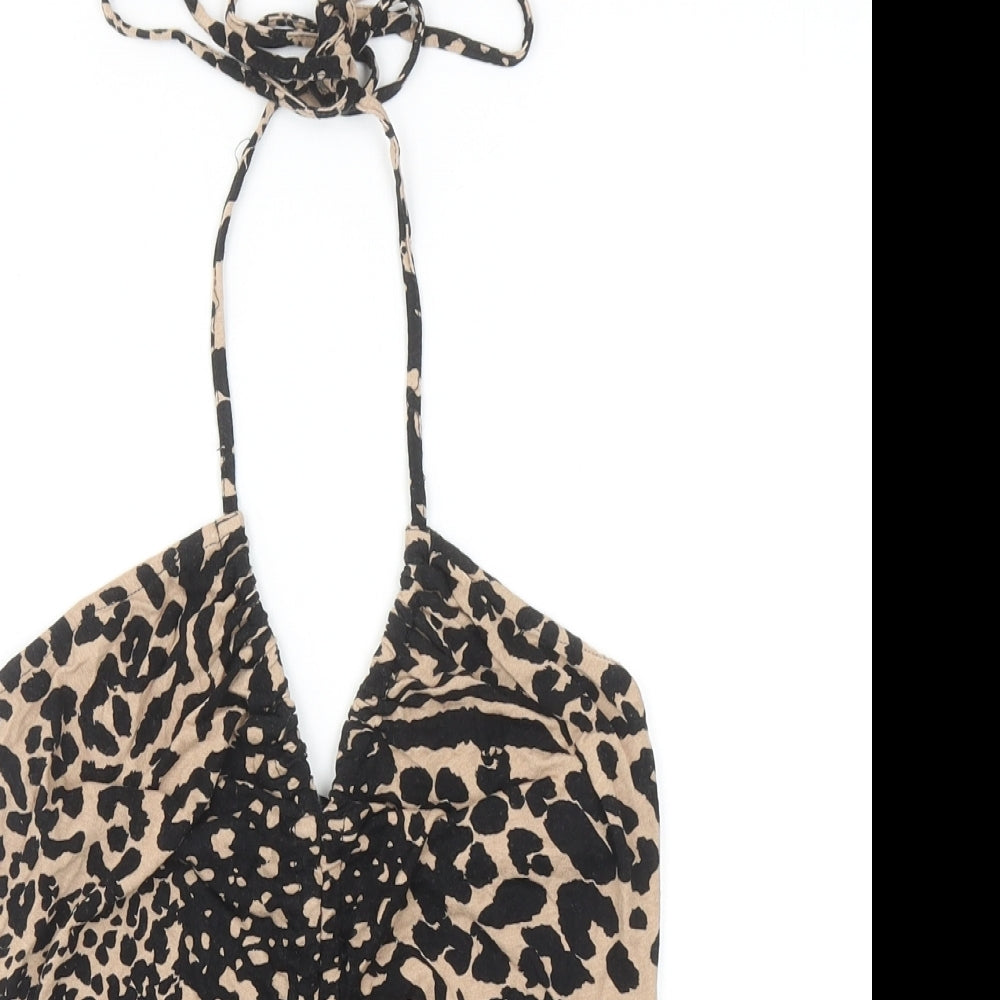 New Look Womens Brown Animal Print Viscose Camisole T-Shirt Size 10 Halter - Cropped, Leopard Print, Ruched