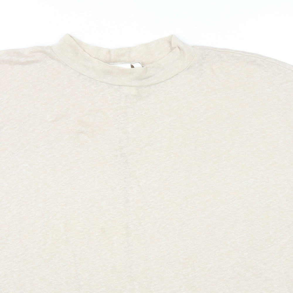 H&M Womens Beige Linen Basic T-Shirt Size M Mock Neck
