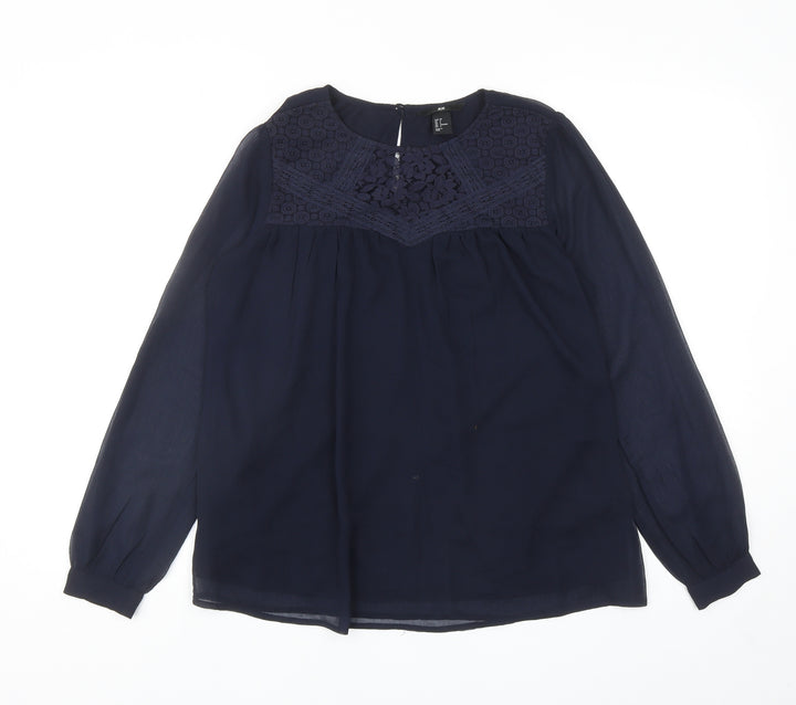 H&M Womens Blue Polyester Basic Blouse Size 8 Round Neck - Lace Detail