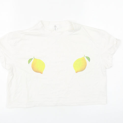 Missguided Womens White Cotton Cropped T-Shirt Size 8 Round Neck - Lemons