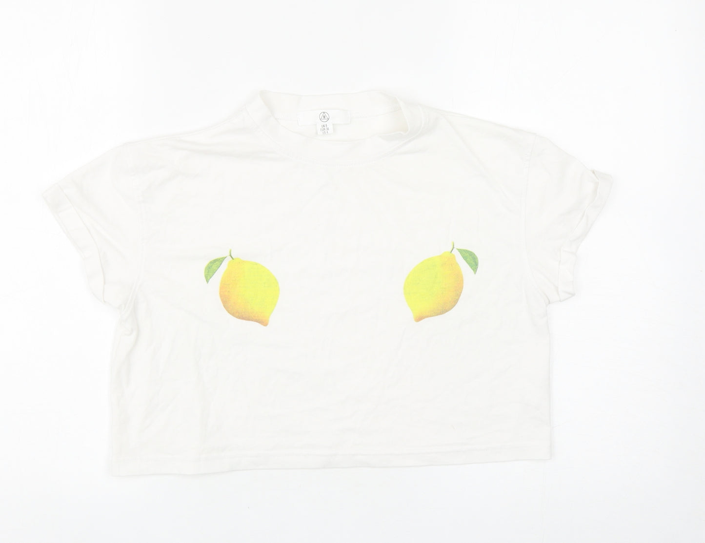 Missguided Womens White Cotton Cropped T-Shirt Size 8 Round Neck - Lemons