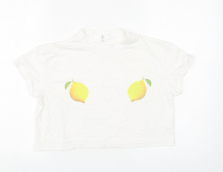 Missguided Womens White Cotton Cropped T-Shirt Size 8 Round Neck - Lemons