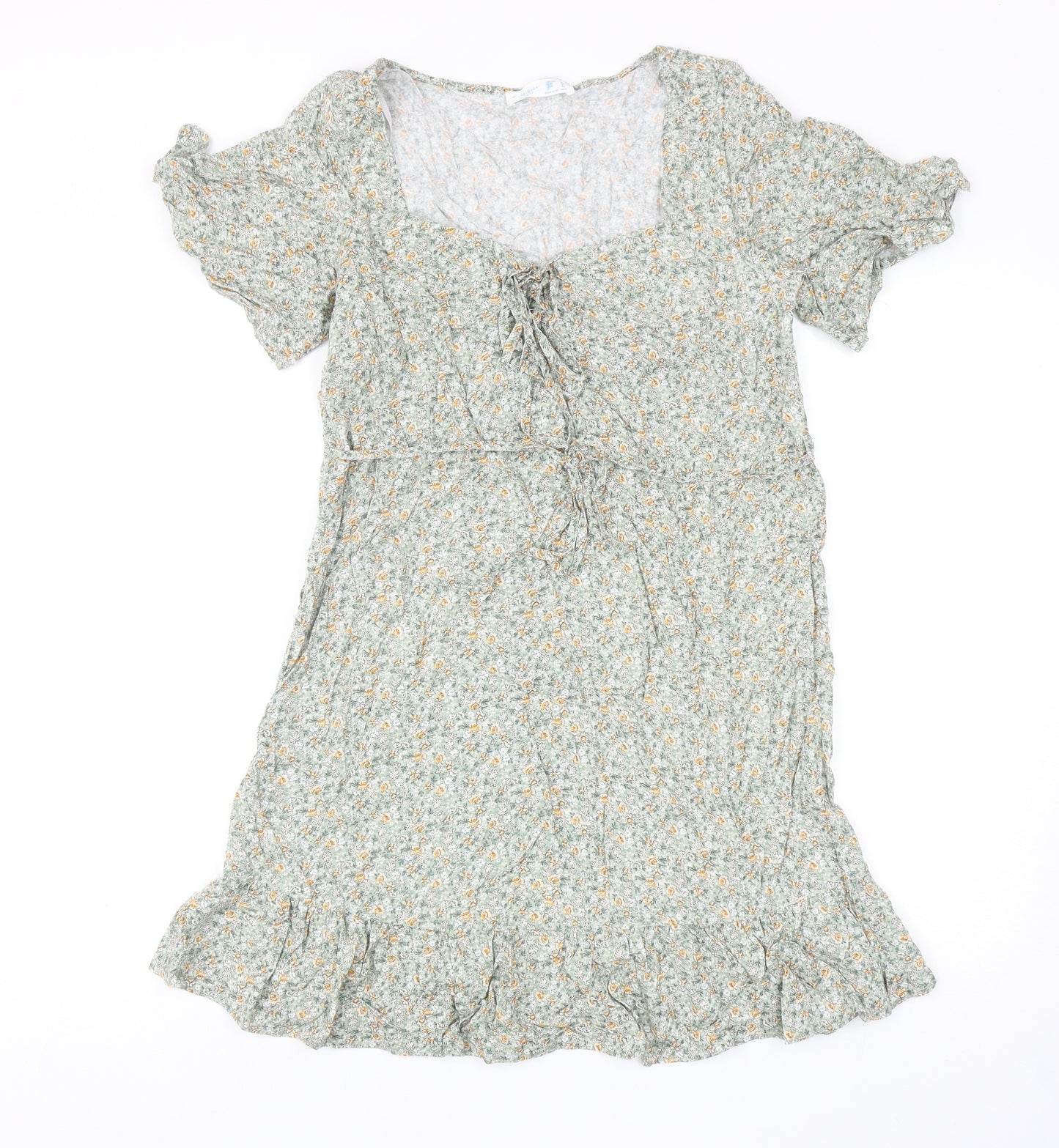 Primark Womens Green Floral Viscose Mini Size 8 V-Neck Pullover