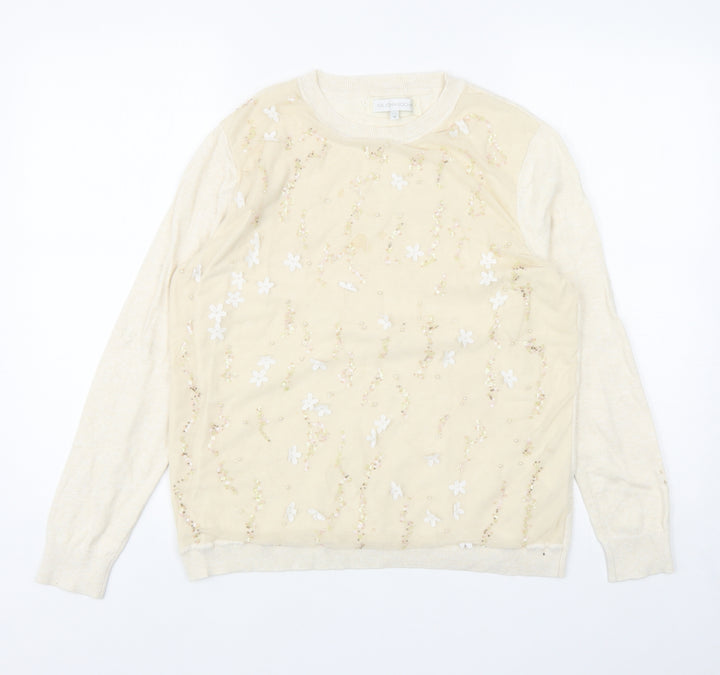 RJR. John Rocha Womens Ivory Round Neck Cotton Pullover Jumper Size 18 - Flower Mesh Detail