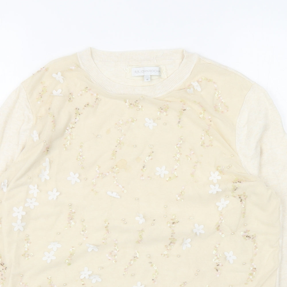 RJR. John Rocha Womens Ivory Round Neck Cotton Pullover Jumper Size 18 - Flower Mesh Detail