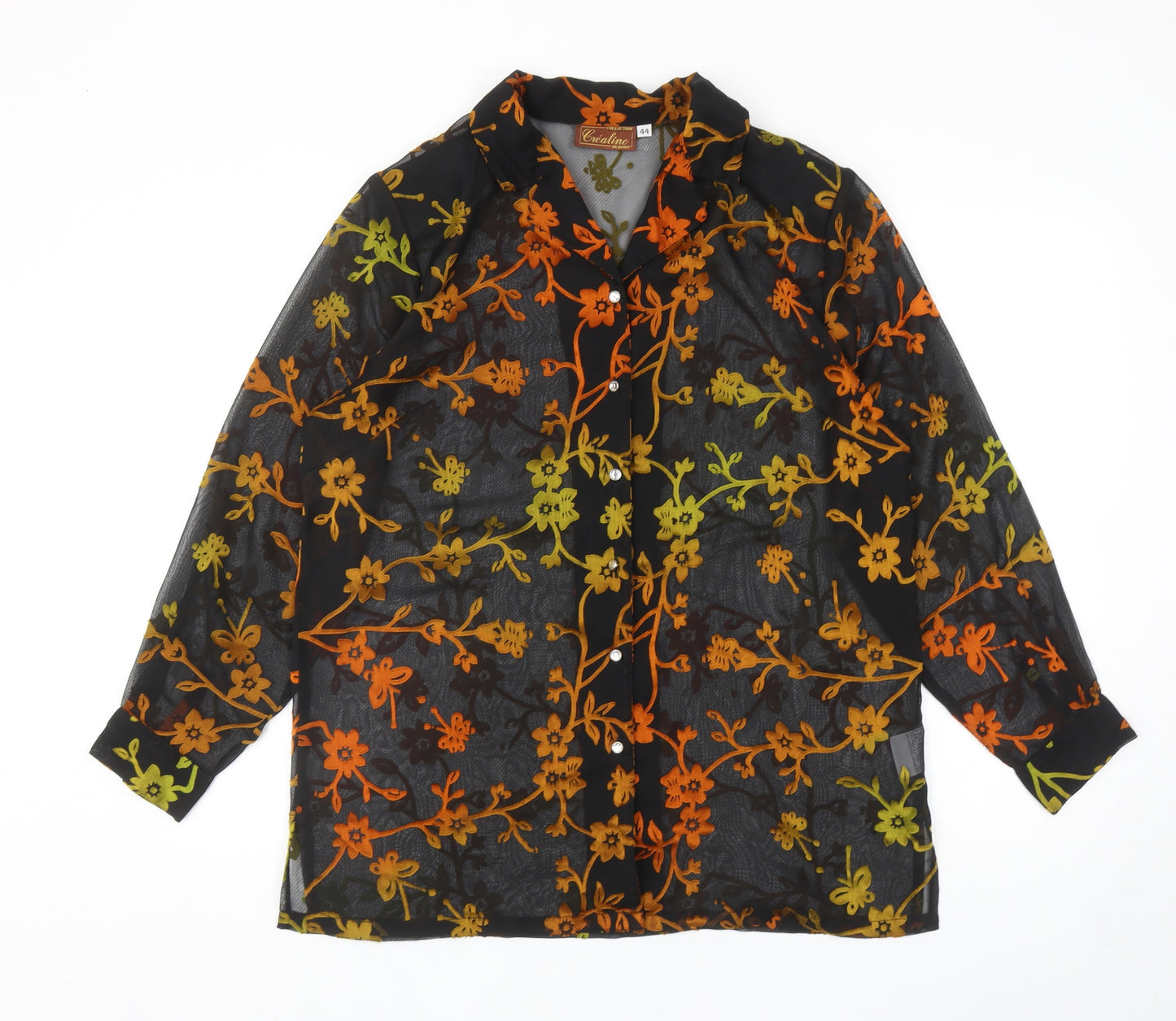 Crealine Womens Black Floral Polyester Basic Button-Up Size 16 Collared