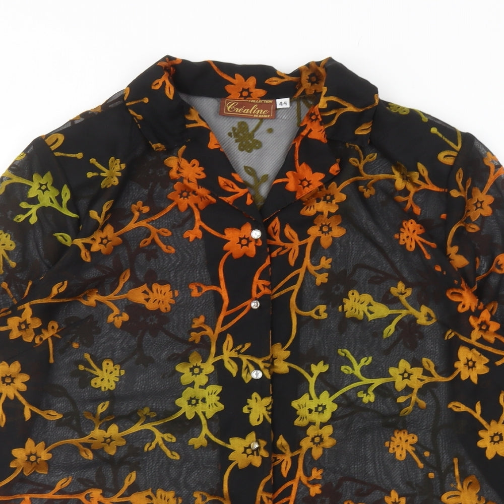 Crealine Womens Black Floral Polyester Basic Button-Up Size 16 Collared