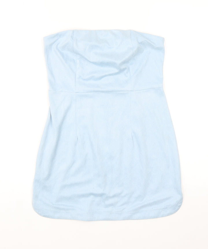 PRETTYLITTLETHING Womens Blue Polyester Basic Blouse Size 8 Square Neck - Bandeau Top