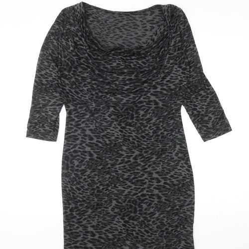 Warehouse Womens Grey Animal Print Polyester Mini Size 6 Cowl Neck Pullover - Leopard Print