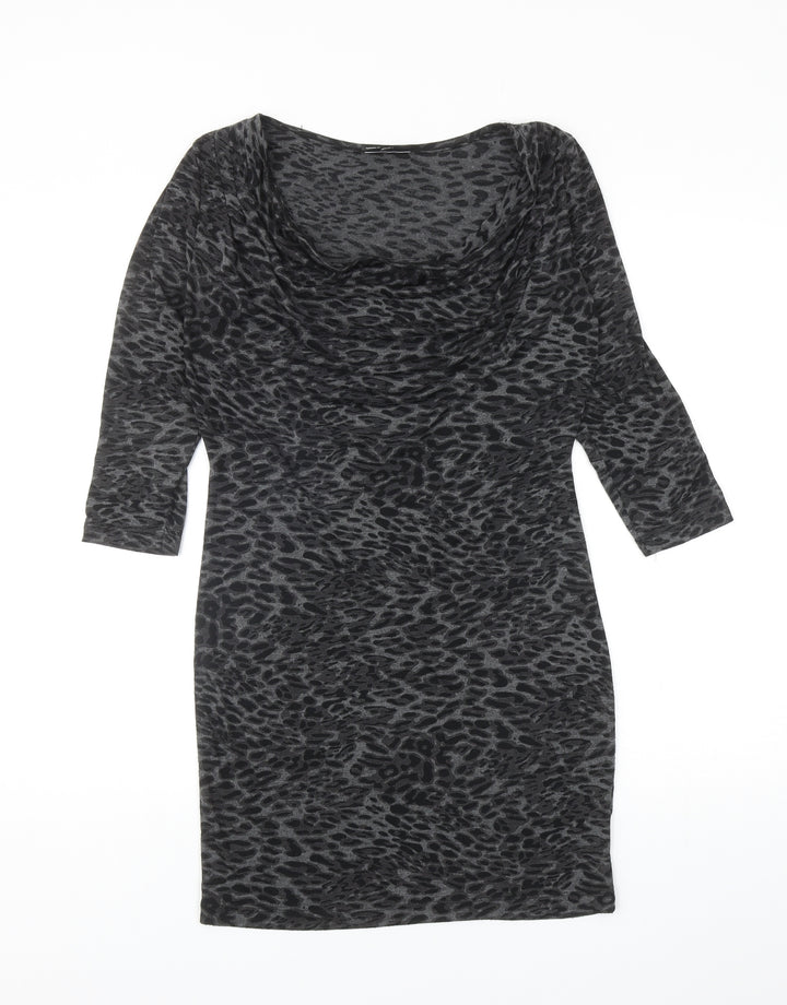 Warehouse Womens Grey Animal Print Polyester Mini Size 6 Cowl Neck Pullover - Leopard Print