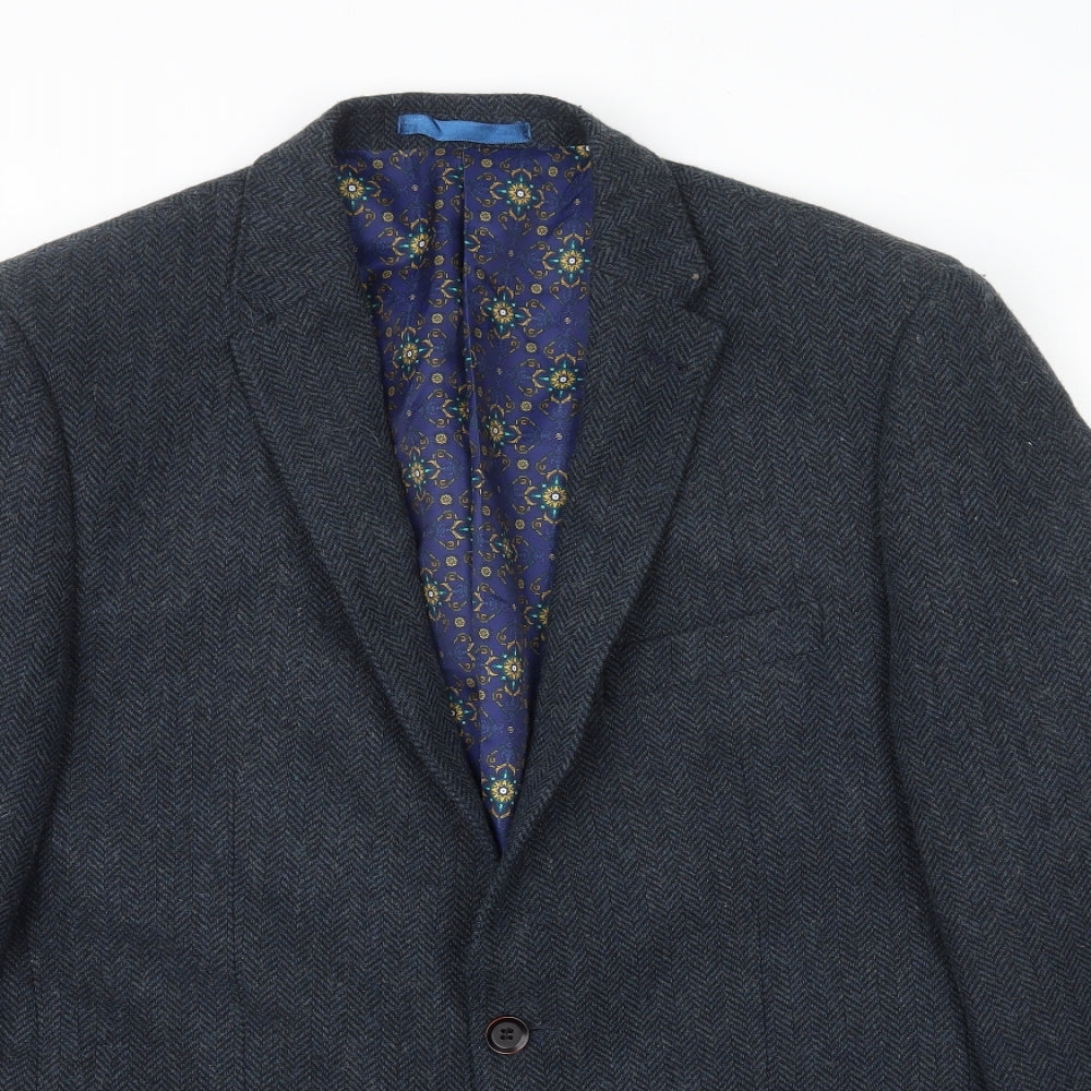 Greenwoods Mens Blue Herringbone Wool Jacket Suit Jacket Size L
