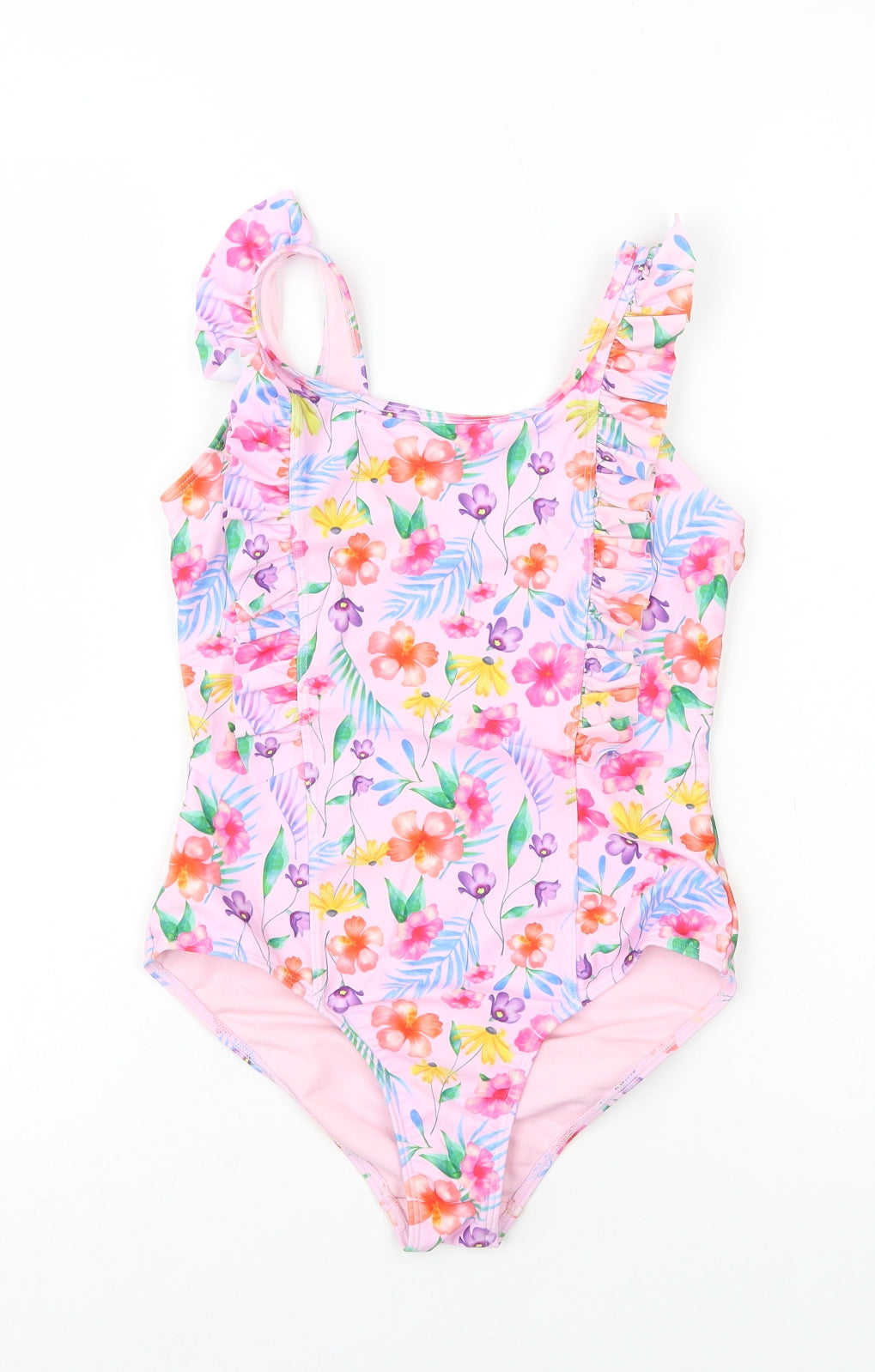 Preworn Girls Pink Floral Polyamide Basic T-Shirt Size 10-11 Years Round Neck Pullover - Swimming Costume