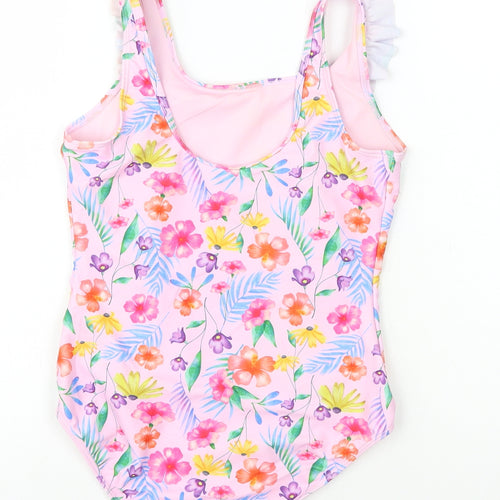 Preworn Girls Pink Floral Polyamide Basic T-Shirt Size 10-11 Years Round Neck Pullover - Swimming Costume