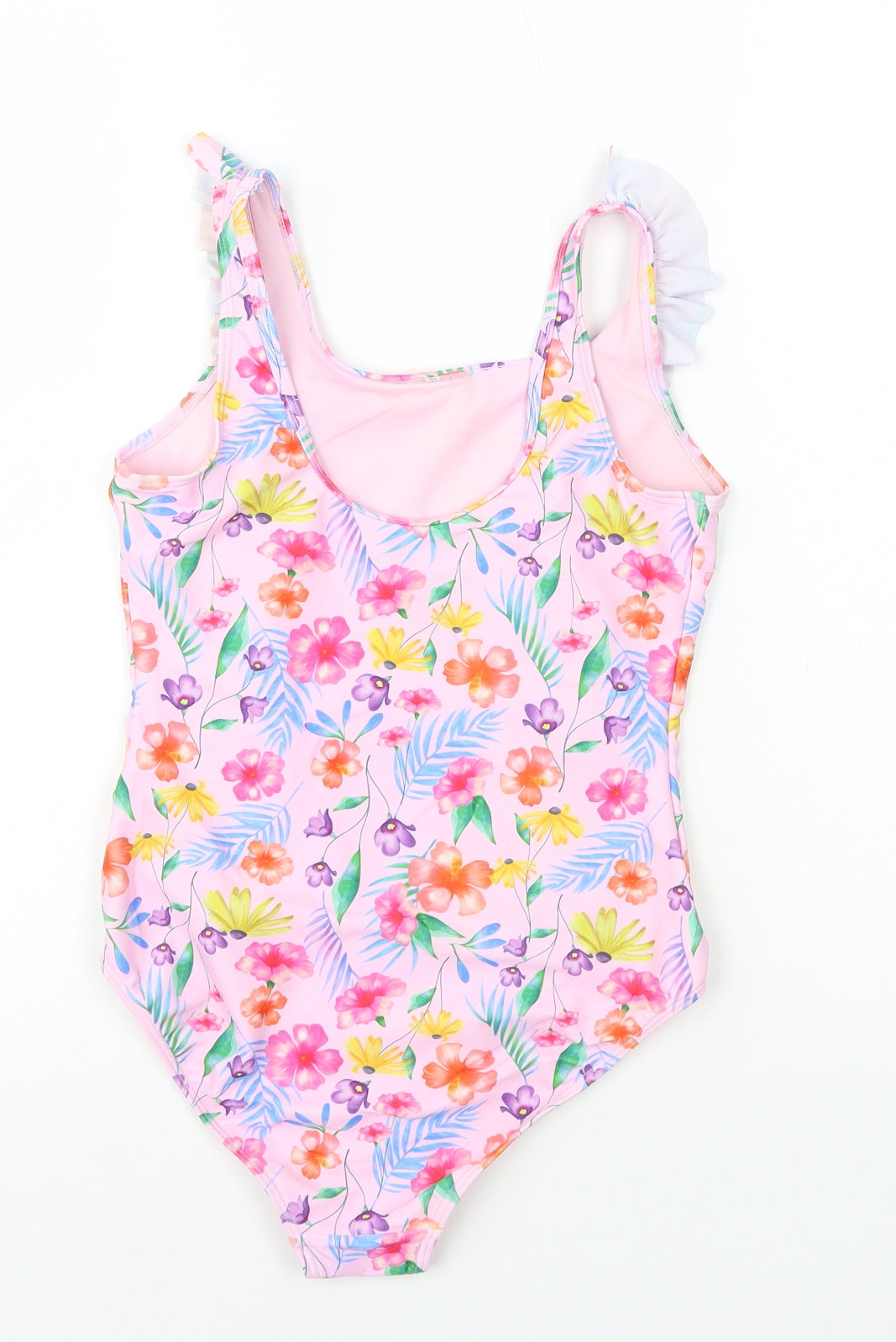 Preworn Girls Pink Floral Polyamide Basic T-Shirt Size 10-11 Years Round Neck Pullover - Swimming Costume